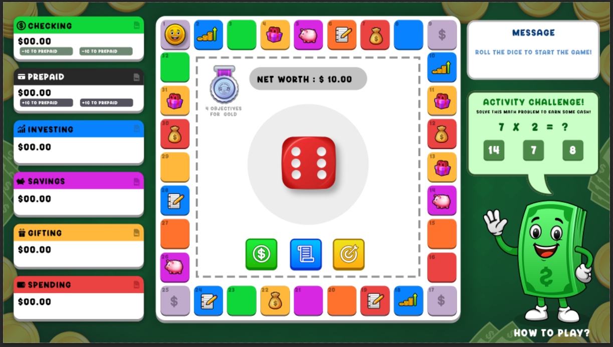 CashCrunch Junior game board preview showing accounts, dice, and activity challenges